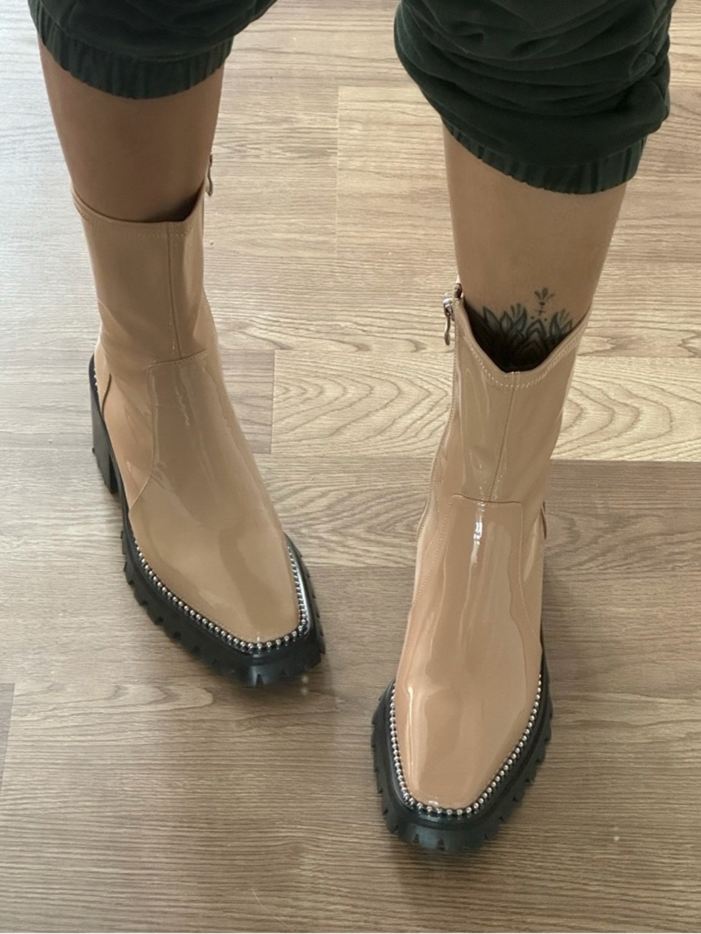 L’Intervalle Tan Patent Leather Studded Boots